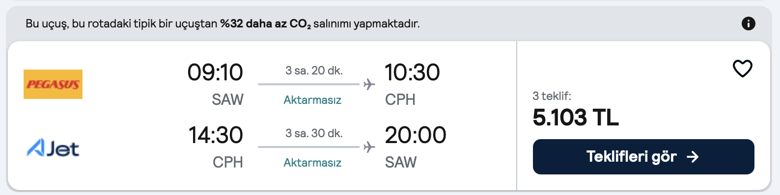 Skyscanner fiyat ekran görüntüsü